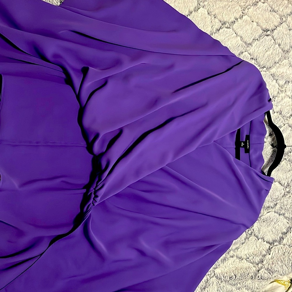 Alfani flare out women’s blouse. Bright eggplant purple, asymmetrical blouse.
